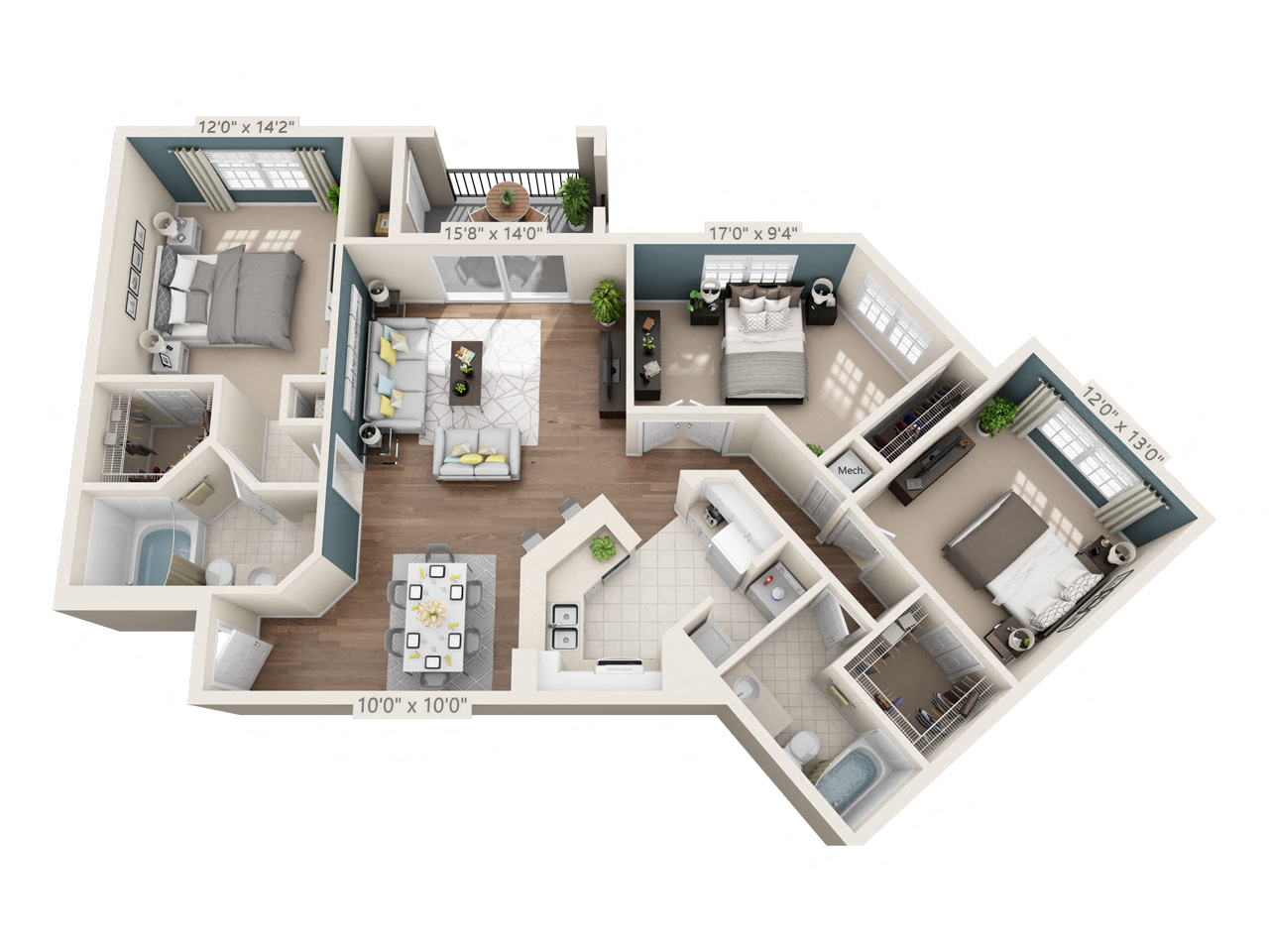 Floor plan for 3 beds, 2 baths, 1410 sqft